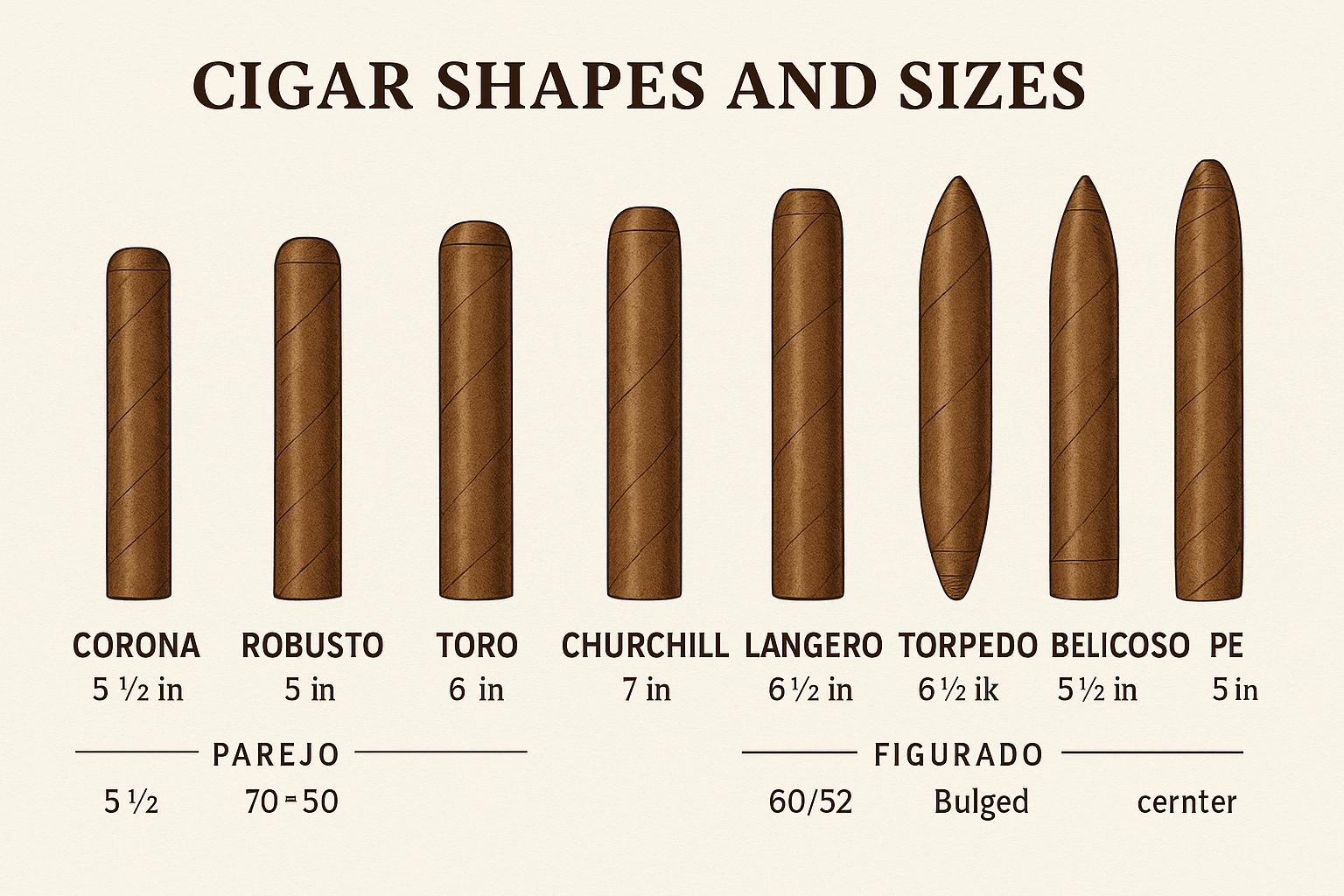 Learn the differences between cigar shapes and sizes — from Parejo to Figurado — including Robusto, Toro, Churchill, Torpedo, and more.